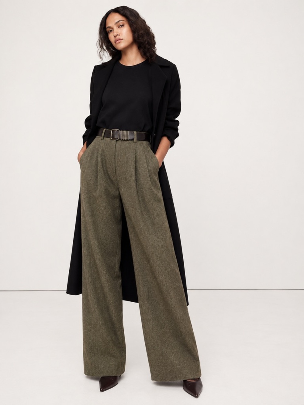Banana Republic High-Rise Wide-Leg Italian BROWN Olive Herringbone Pant Trousers